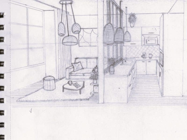 Croquis détaillé d'un intérieur d'appartement, illustrant des idées de design d'intérieur à travers des croquis et rendus 3D