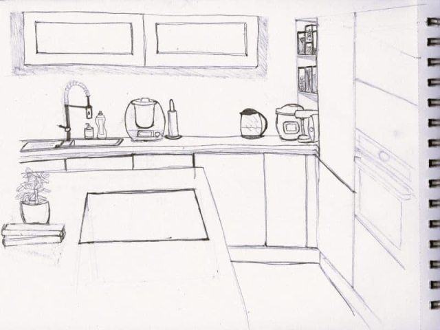 Dessin à la main d'une cuisine moderne, mettant en avant la créativité dans les croquis et rendus 3D d'intérieur