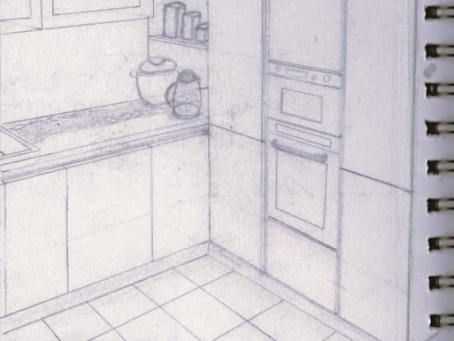 Plan détaillé et croquis d'une cuisine optimisée, mêlant conception esthétique et croquis et rendus 3D d'intérieur
