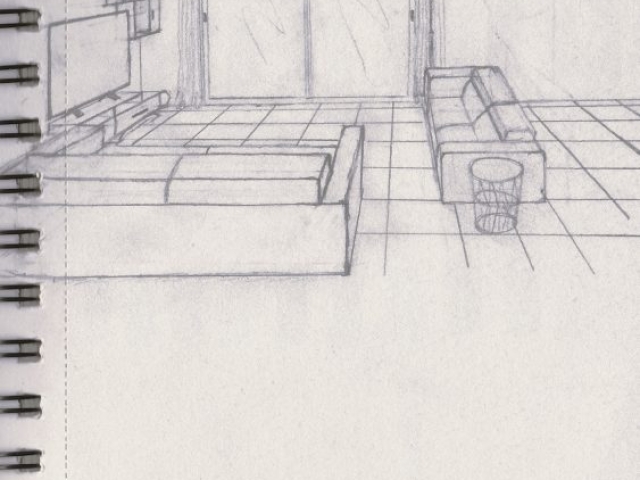 Perspective dessinée d'un espace de vie, illustrant les possibilités offertes par les croquis et rendus 3D d'intérieur.