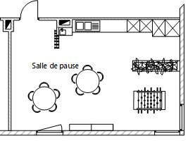 Plan d’un projet d’aménagement de salle de pause en entreprise, montrant l’organisation des espaces de détente et de travail