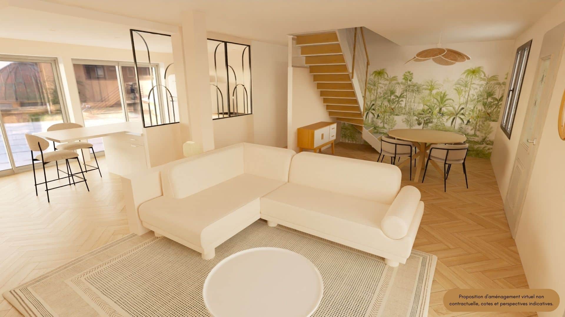 Proposition d’aménagement intérieur sur-mesure, incluant des solutions de gestion complète des travaux pour une pièce de vie harmonieuse