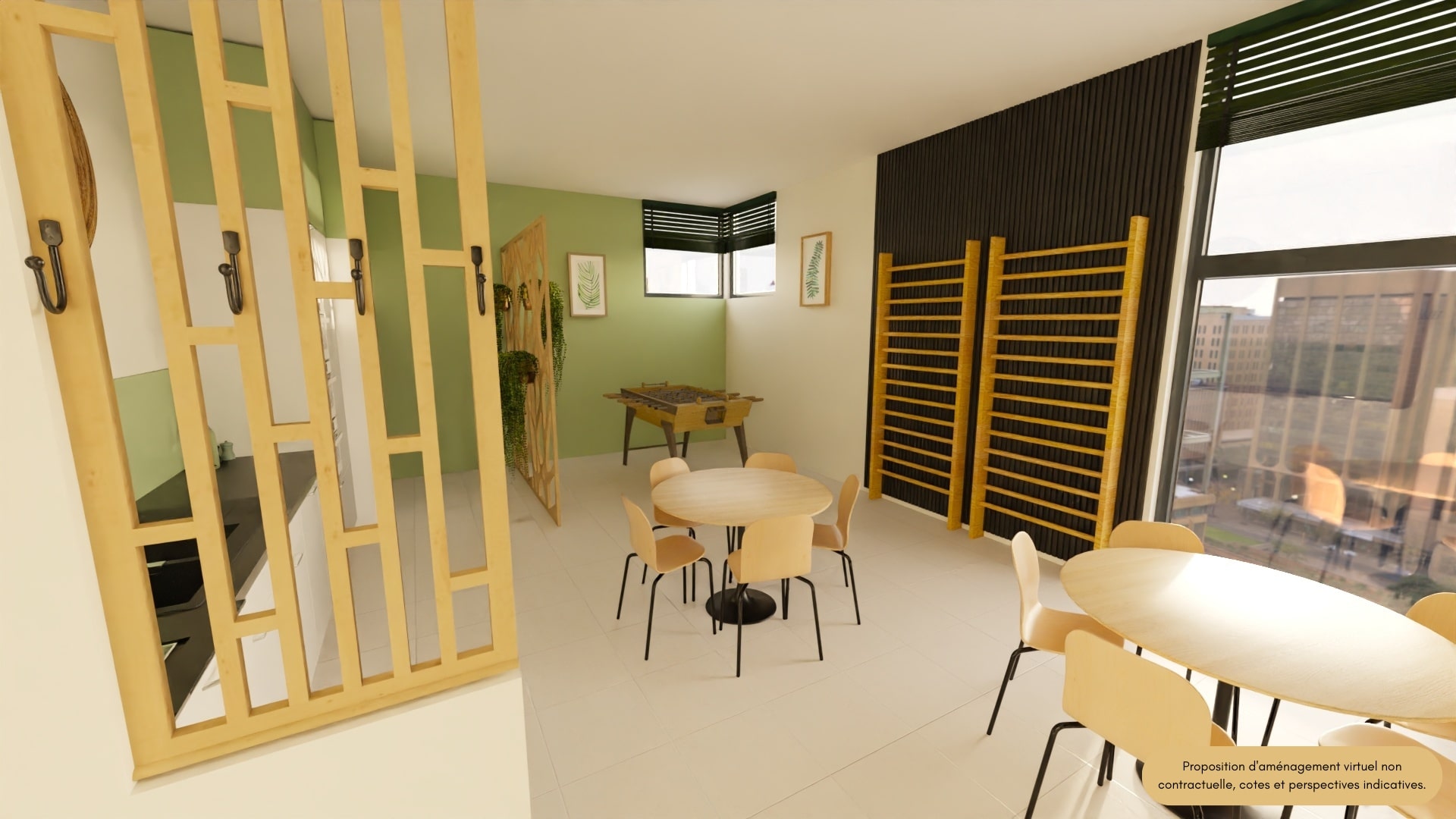 Vue d’un aménagement de salle de pause en entreprise avec claustras en bois, babyfoot et espaces conviviaux pour les employés