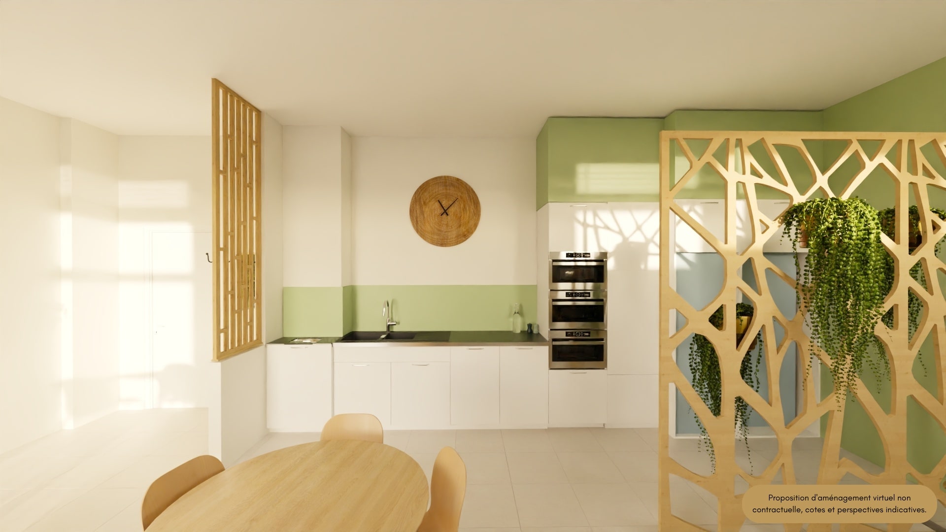 Cuisine moderne dans un projet d’aménagement de salle de pause en entreprise, avec claustras design et teintes naturelles