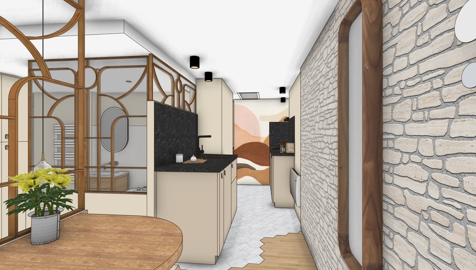 Vue 3D cuisine – Romance Room, projet d’architecte d’intérieur à Cherbourg.