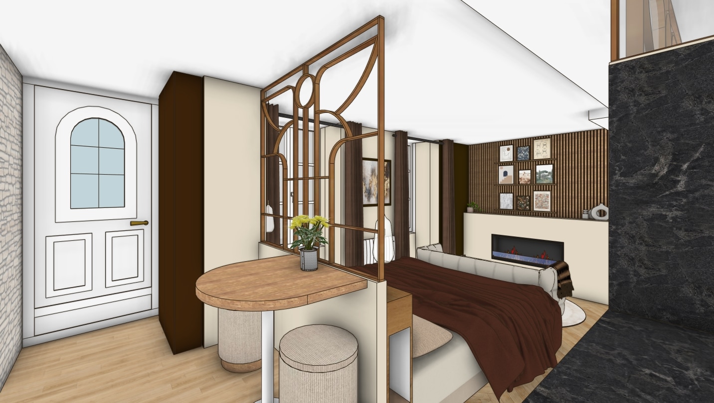 Vue 3D de l’espace nuit et de l'entrée – Romance Room, projet d’architecte d’intérieur à Cherbourg.