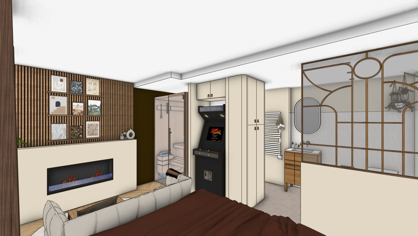 Vue 3D du salon et du sauna – Romance Room, projet d’architecte d’intérieur à Cherbourg.