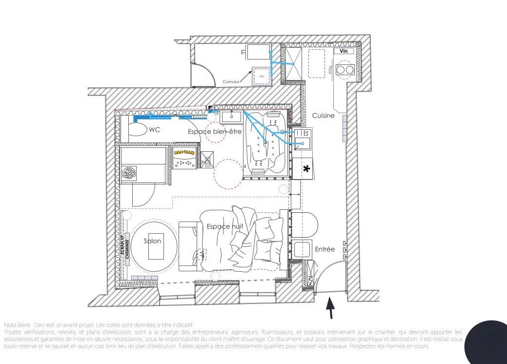 Plan d’aménagement intérieur – Romance Room, 30 m² repensés pour la location courte durée à Cherbourg.