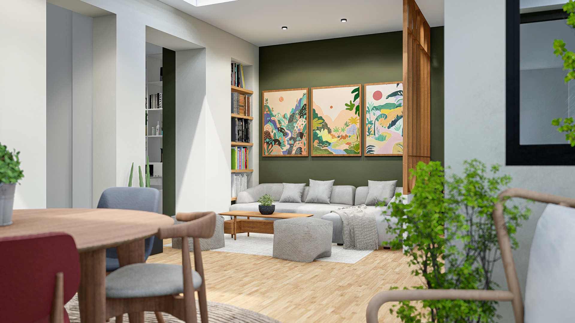 Vue 3D salon - Bienvenue chez vous, projet d’architecture d’intérieur à Cherbourg.
