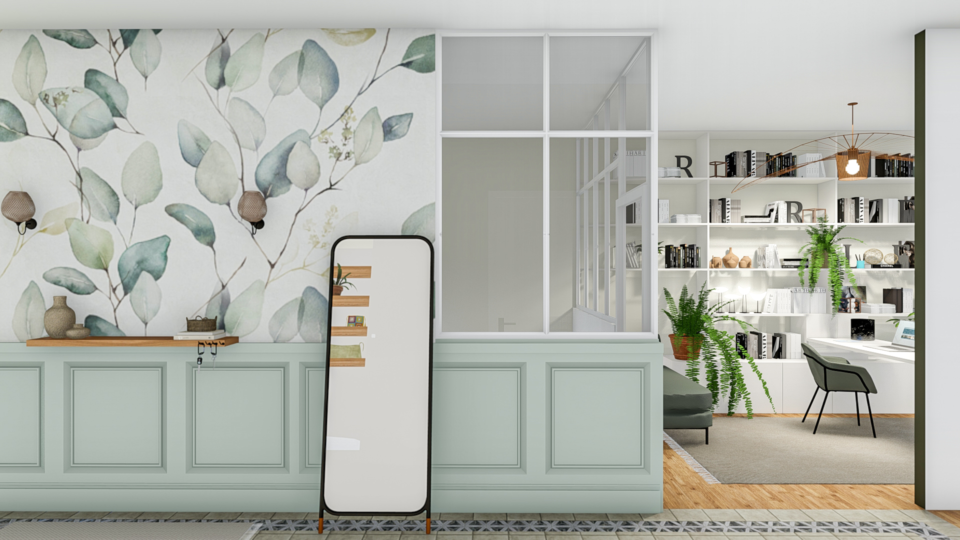 Vue 3D entrée - Bienvenue chez vous, projet d’architecture d’intérieur à Cherbourg.