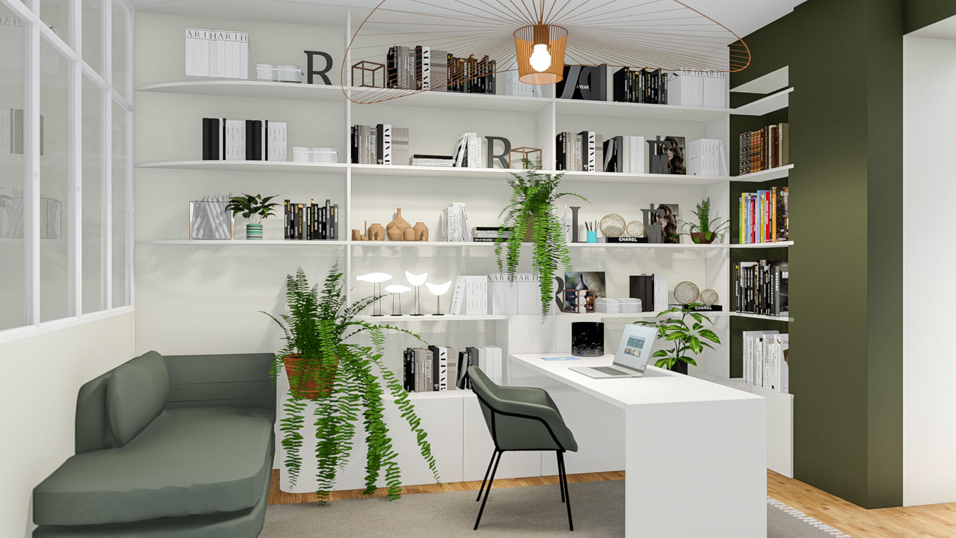 Vue 3D bibliothèque - Bienvenue chez vous, projet d’architecture d’intérieur à Cherbourg.